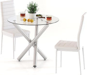 90cm Round Glass Dining Table Set with 2 White Faux PU Chairs