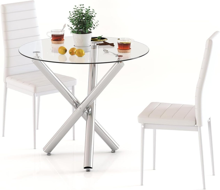 90cm Round Glass Dining Table Set with 2 White Faux PU Chairs
