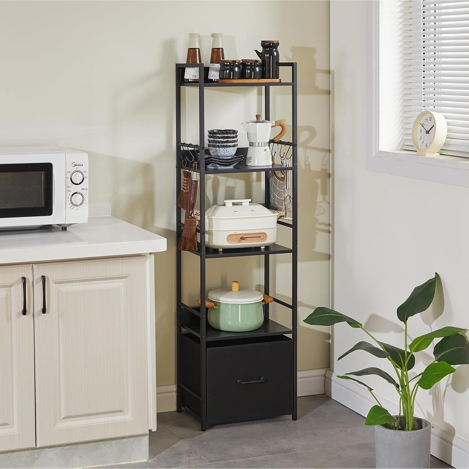 5 Tier Ladder Shelf with Fabric Drawer Industrial Metal Frame Bookcase Black