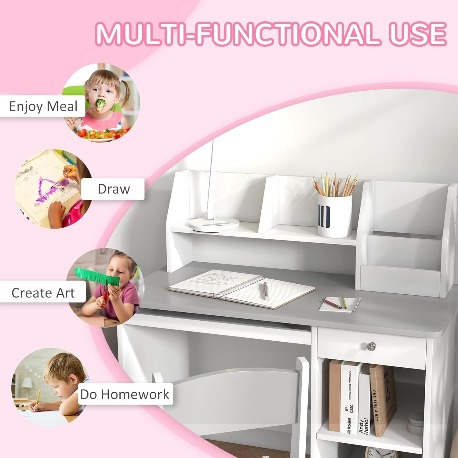 Kids Desk and Chair Set with Storage Drawer Study Table for Ages 5-8 Grey