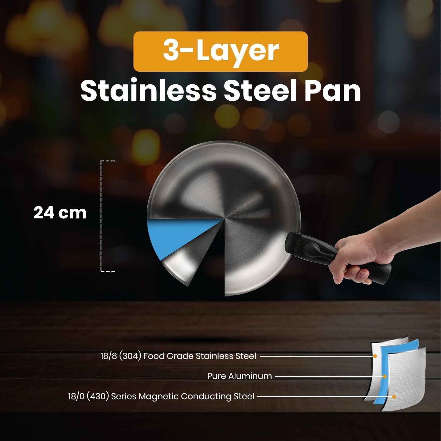 Stainless Steel Frying Pan 24cm Detachable Handle Induction Oven Dishwasher Safe
