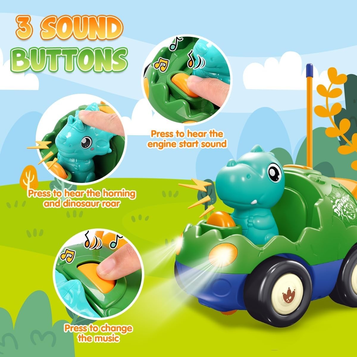 Toddler RC Dinosaur Car Toy with Music Lights Easy Control Gift for Kids 2-4