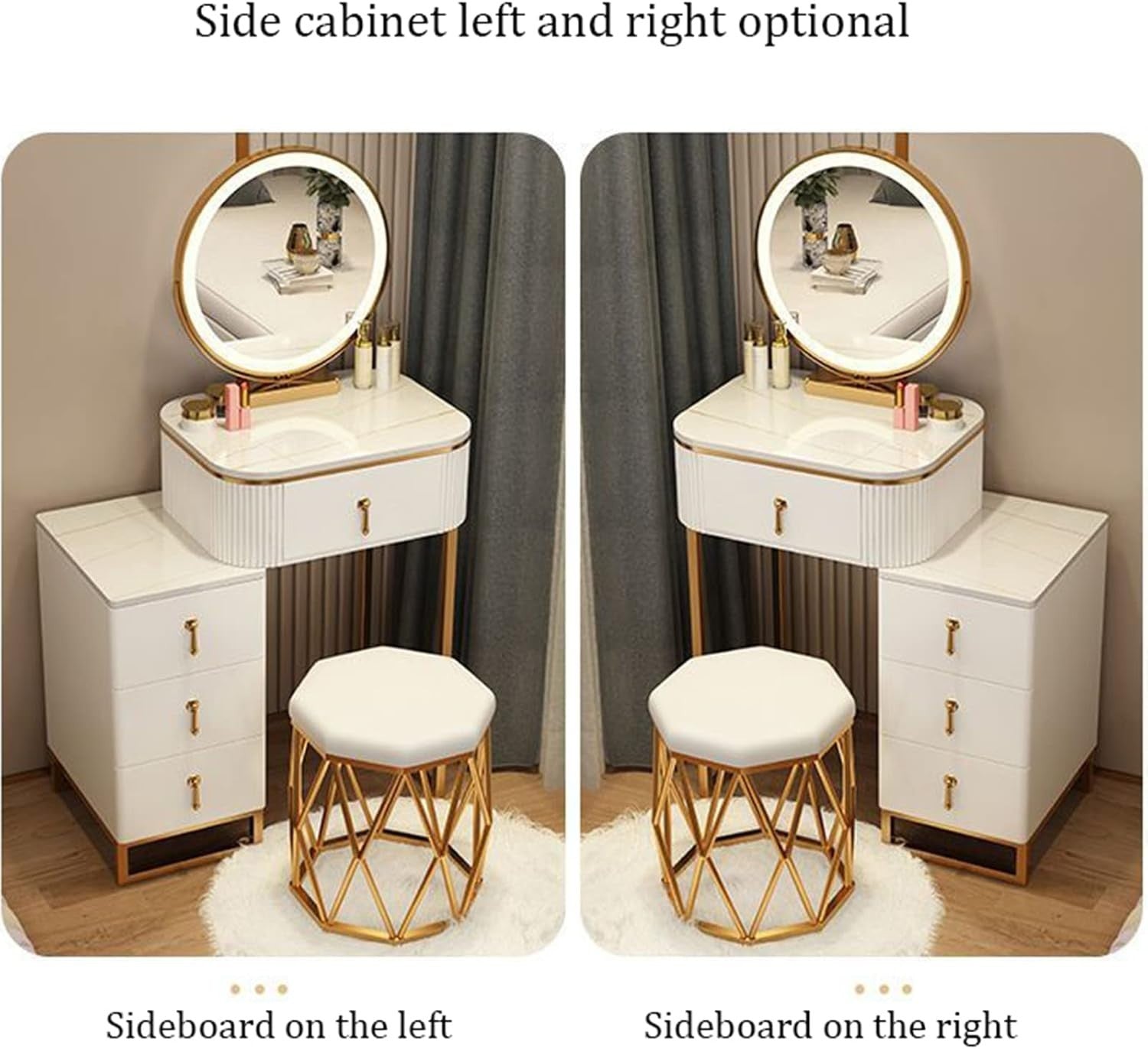Modern LED Vanity Table Set with Mirror & Stool – Makeup Desk Storage White Grey