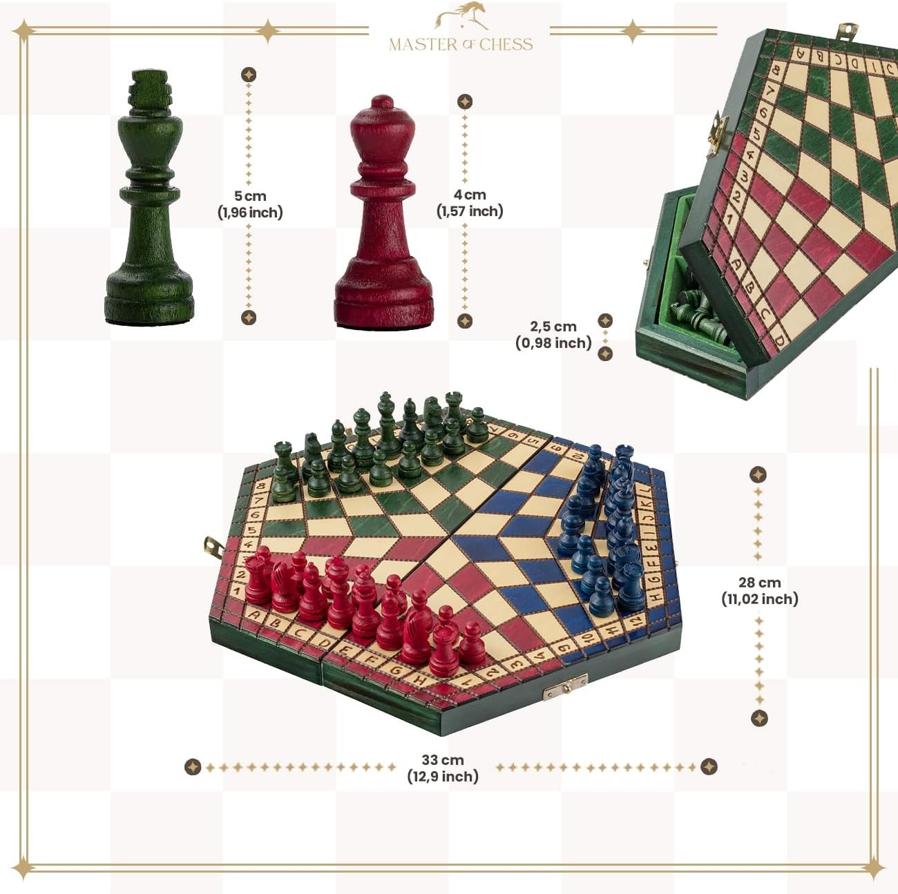3-Player Wooden Travel Chess Set Hexagonal Board 28×33cm Handcrafted Game