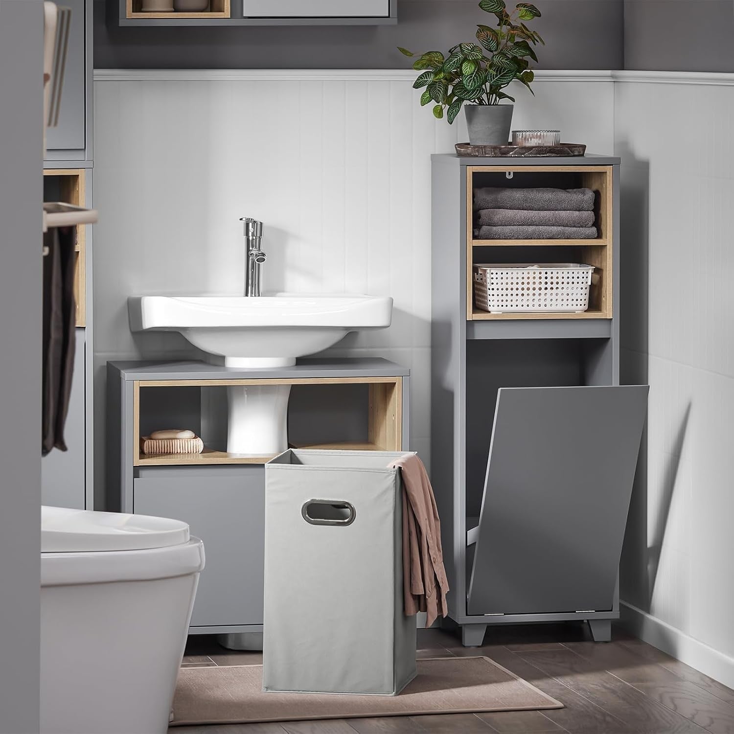 Slim Bathroom Storage Cabinet with Fold-Out Laundry Basket Grey 35×105cm