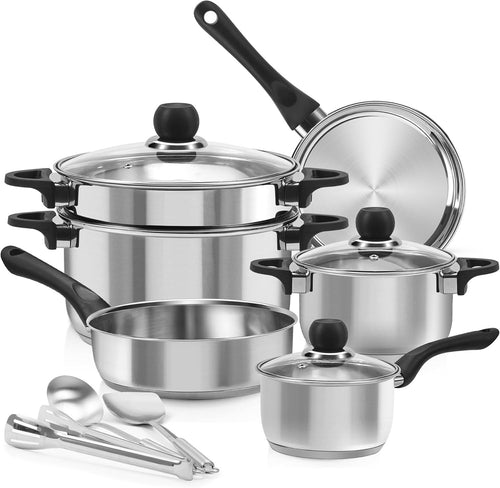 12pcs Stainless Steel Cookware Set with Lids & Utensils Induction Safe Pots Pans