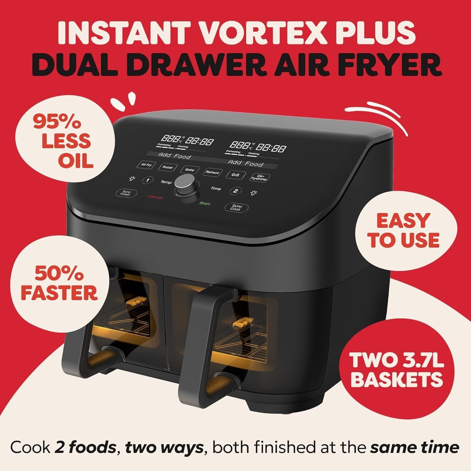 7.6L Dual Air Fryer Twin Basket Window Rapid Cook 8-in-1 Grill Bake Reheat