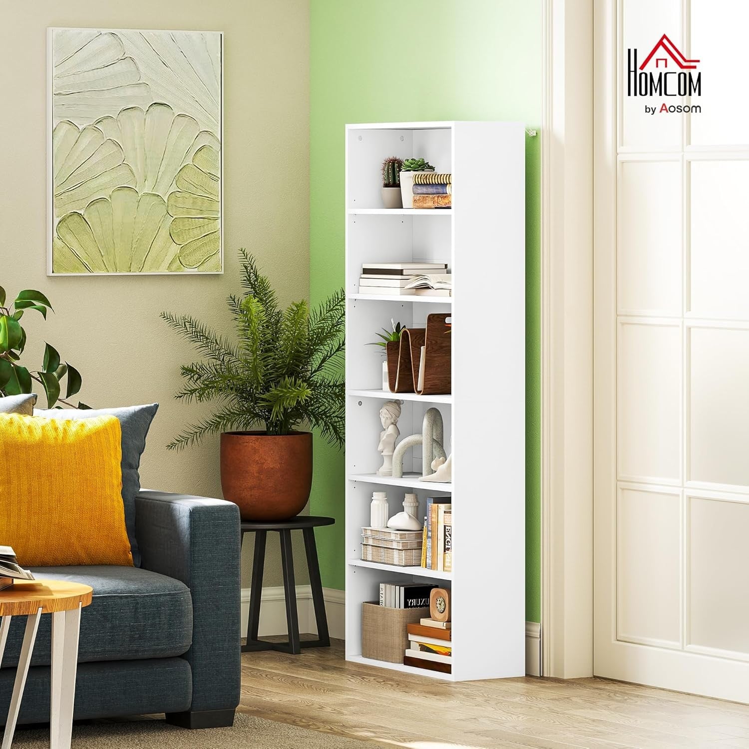 White 6-Tier Tall Bookcase Adjustable Shelves Modern Slim Storage Display Unit