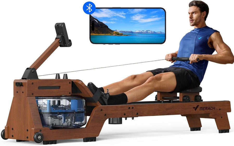 Wood Water Rowing Machine 6-Level Resistance 22L Tank Quiet App Compatible Home