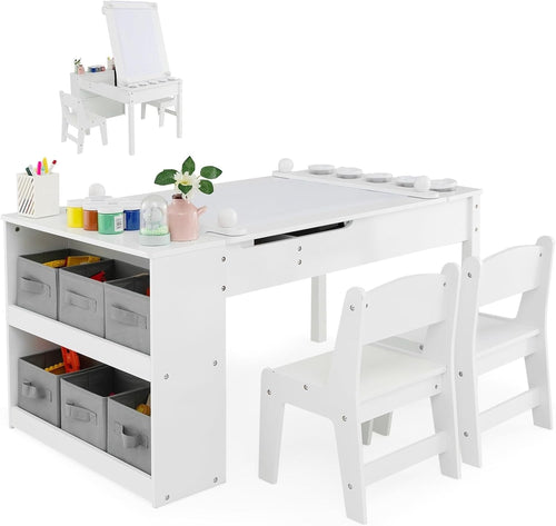 Kids 2-in-1 Art Table & Chair Set with Storage Bins & Paper Roll, White