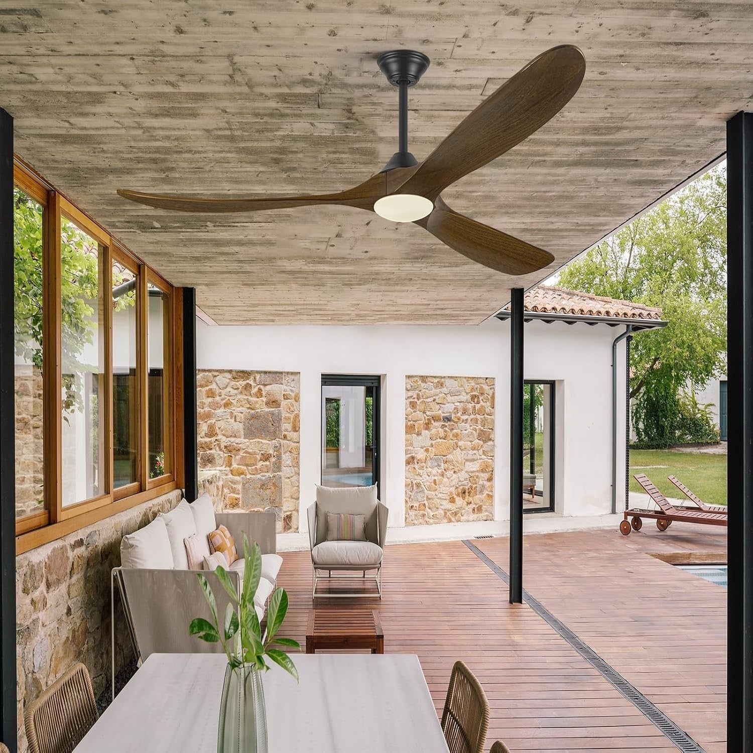 MSHENUED 52" Outdoor Ceiling Fan with Light, 3-Blade DC Motor, Black Walnut