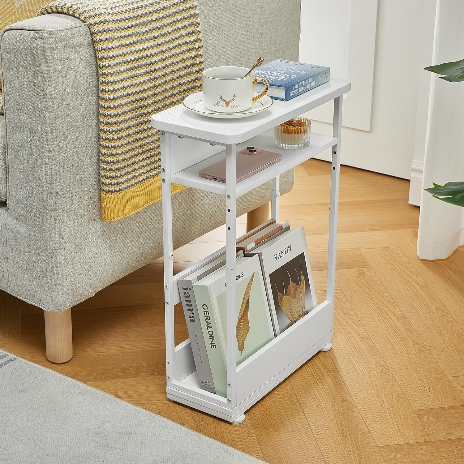 White Narrow Side Table for Small Spaces – Slim Bedside Unit with Shelf