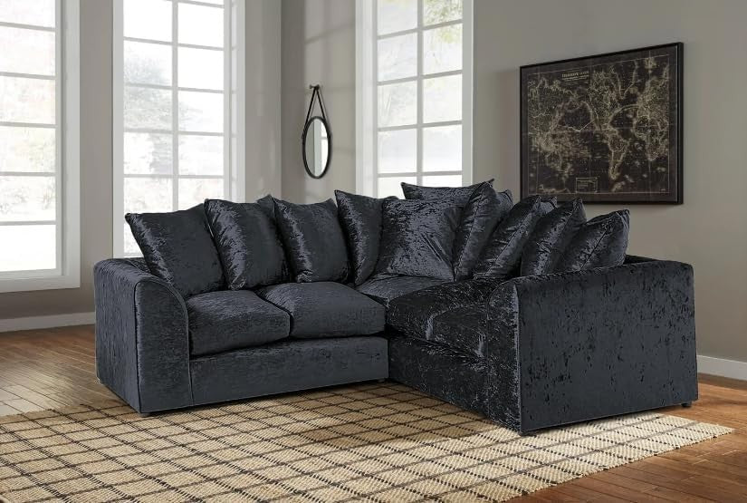 Black 5-Seater L-Shape Sofa Crushed Velvet Scatter Back Cushions Armrest