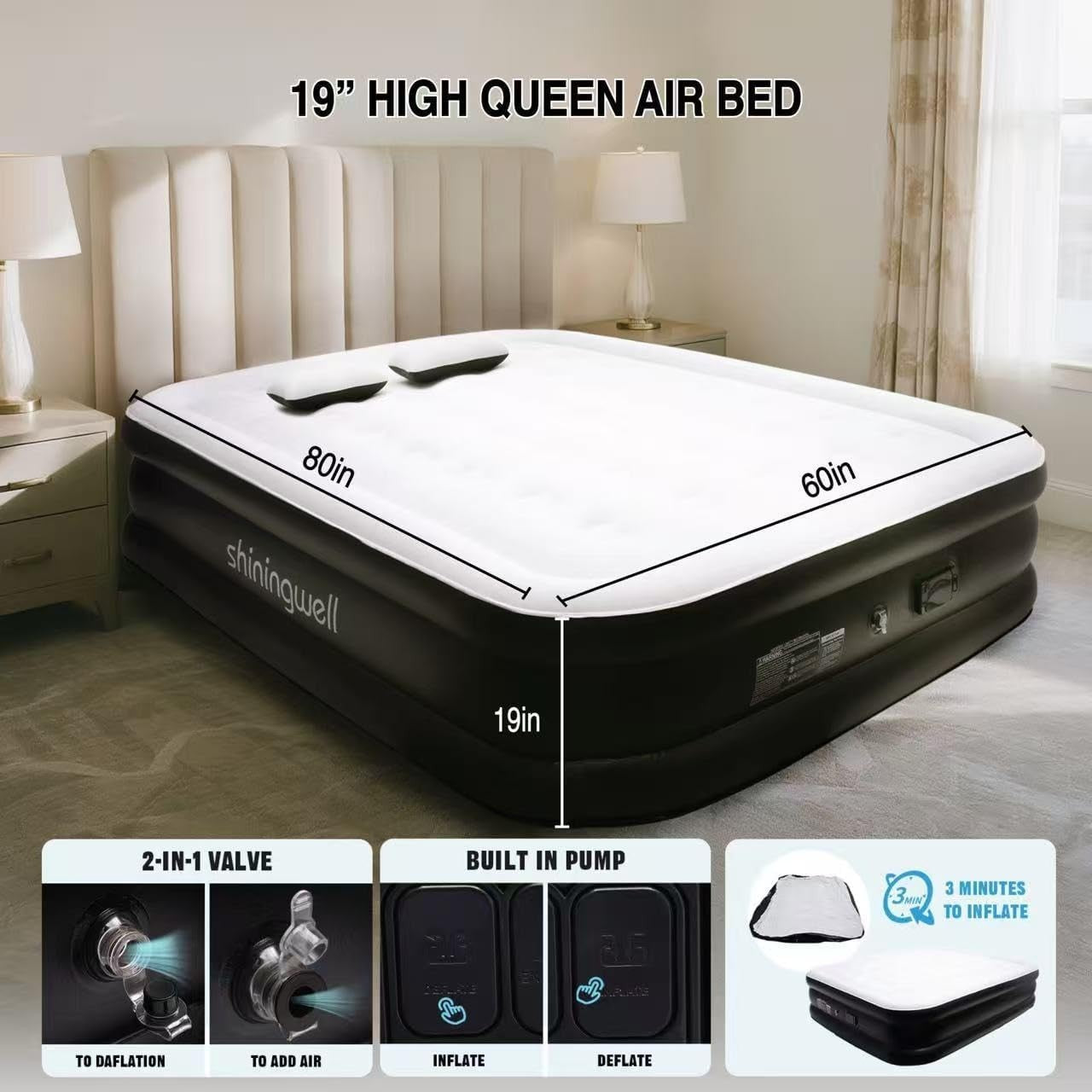 Double Air Mattress with Built-In Pump, Flocked Surface & Carry Bag