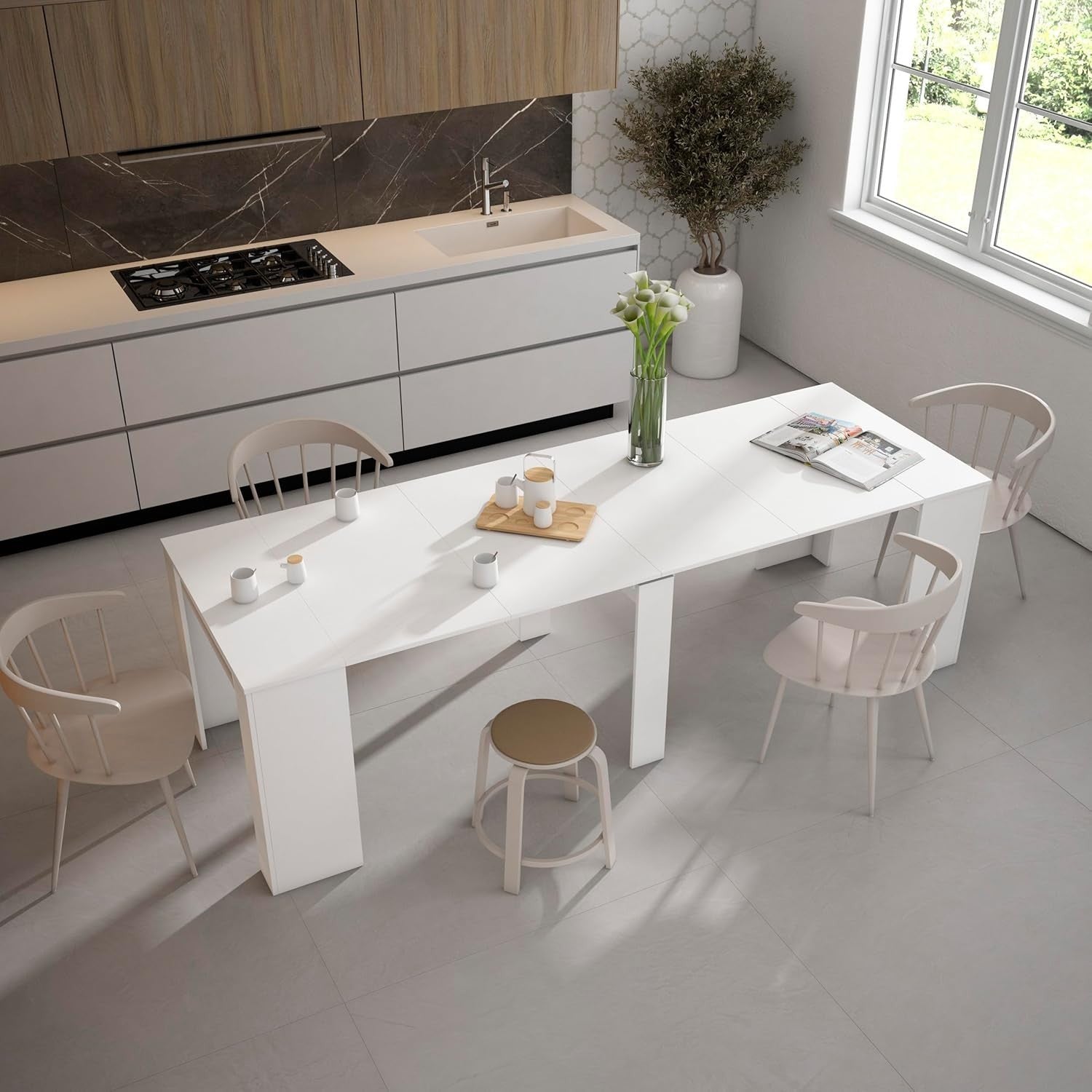 Extendable Folding Console Table White Modern Dining for 12 Guests