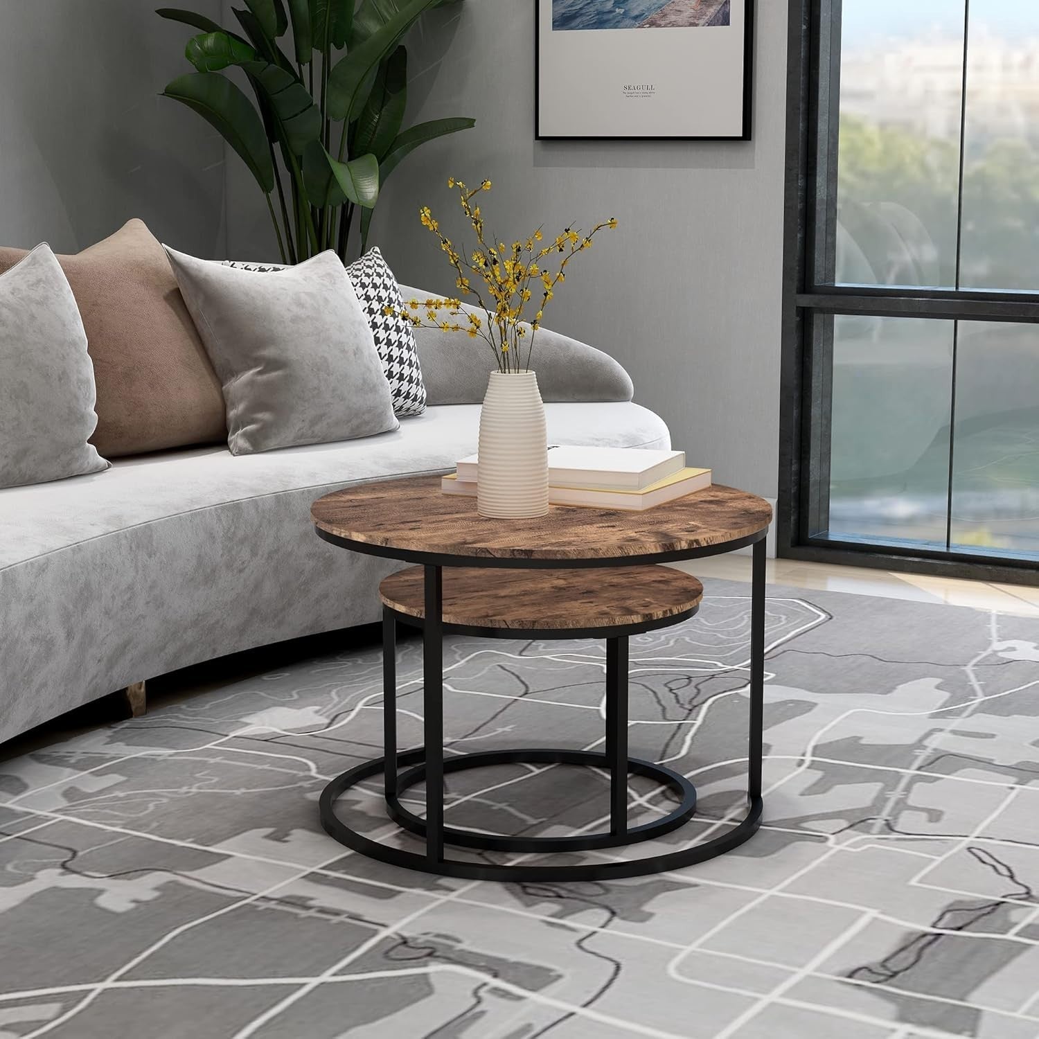 Space Saving Nesting Coffee Tables Set of 2 Rustic Brown Wood Living Room