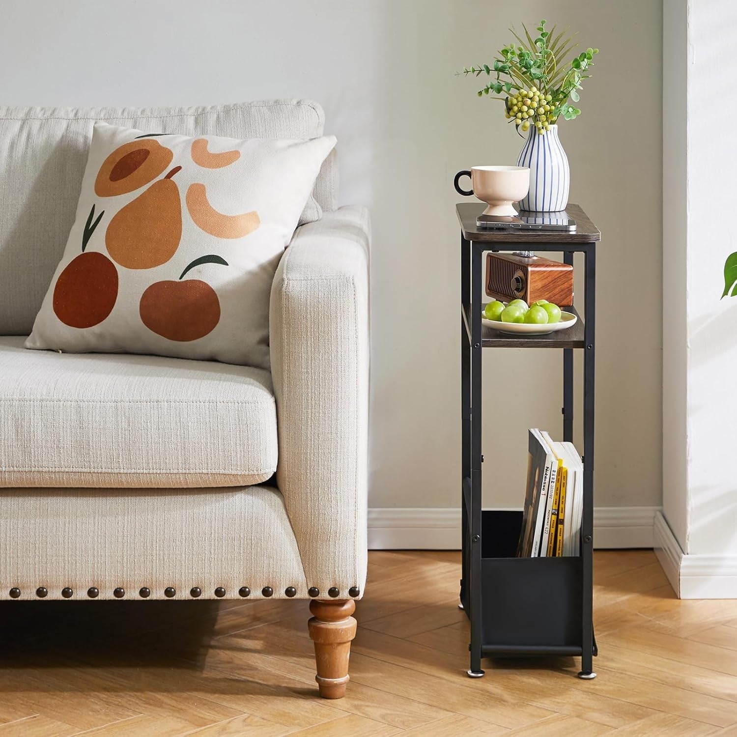 Slim 3-Tier Side Table Storage Basket – Narrow Bedside/End Table for Small