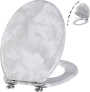 Wooden Toilet Seat Gray Marble | Quick Release Adjustable Hinges 45x37cm Oval