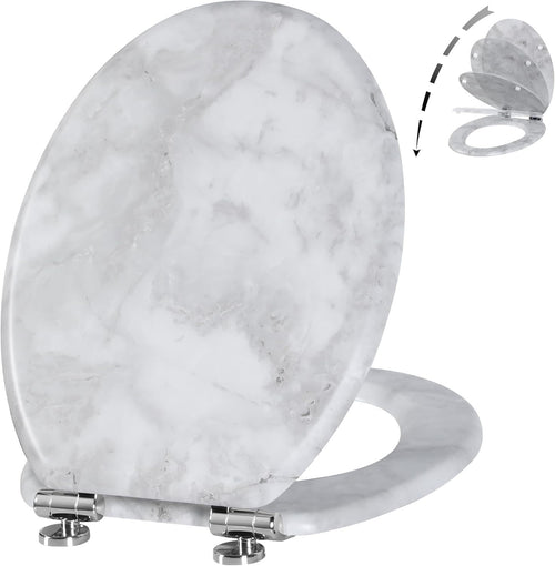 Wooden Toilet Seat Gray Marble | Quick Release Adjustable Hinges 45x37cm Oval