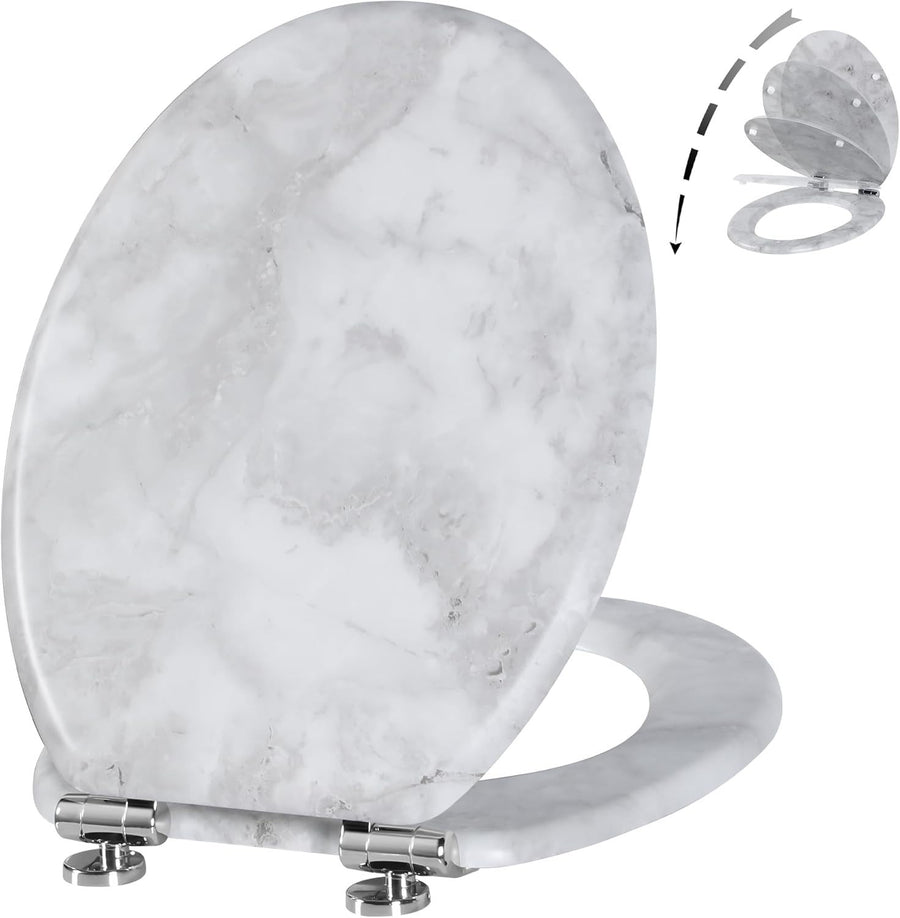 Wooden Toilet Seat Gray Marble | Quick Release Adjustable Hinges 45x37cm Oval