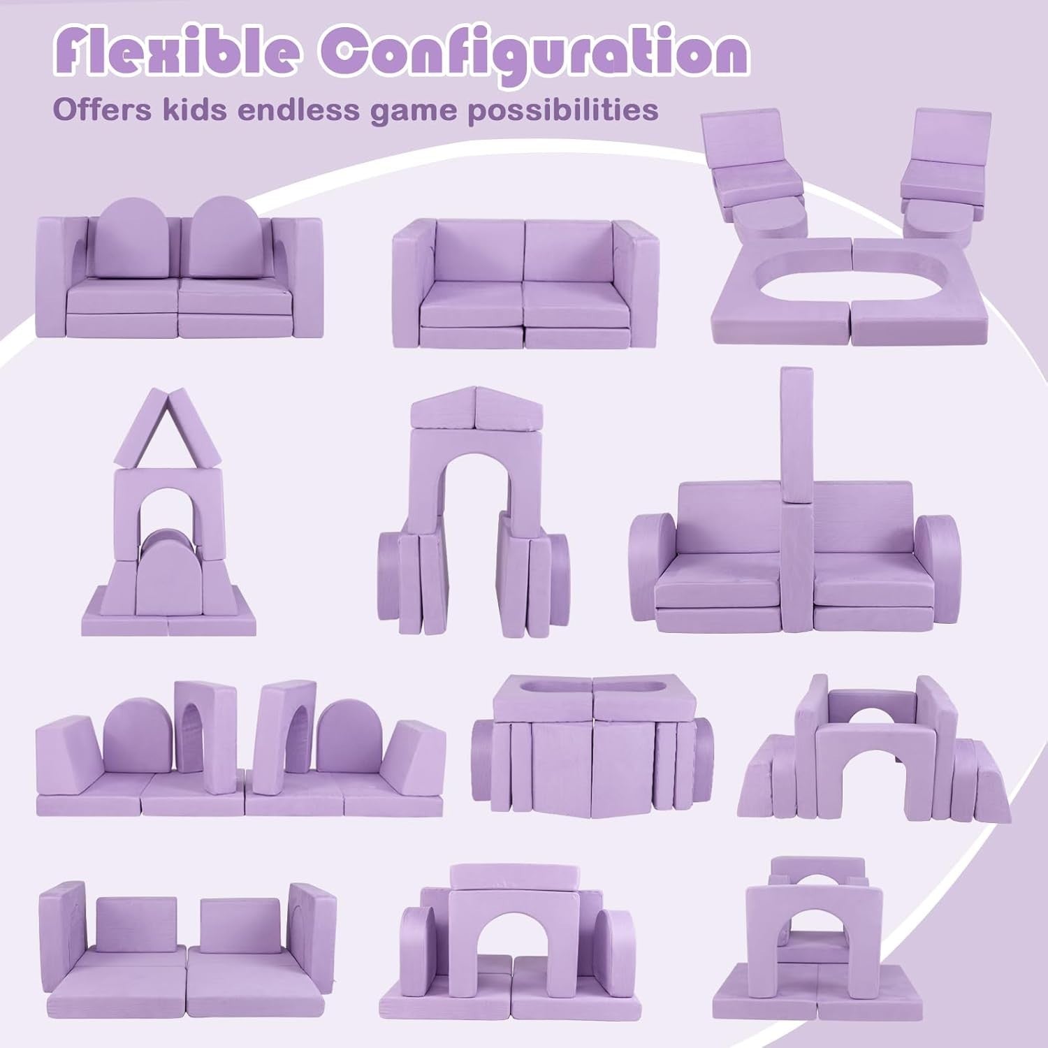 Kids Modular Play Sofa Purple 8pc Foam Couch Bed Set Washable Covers