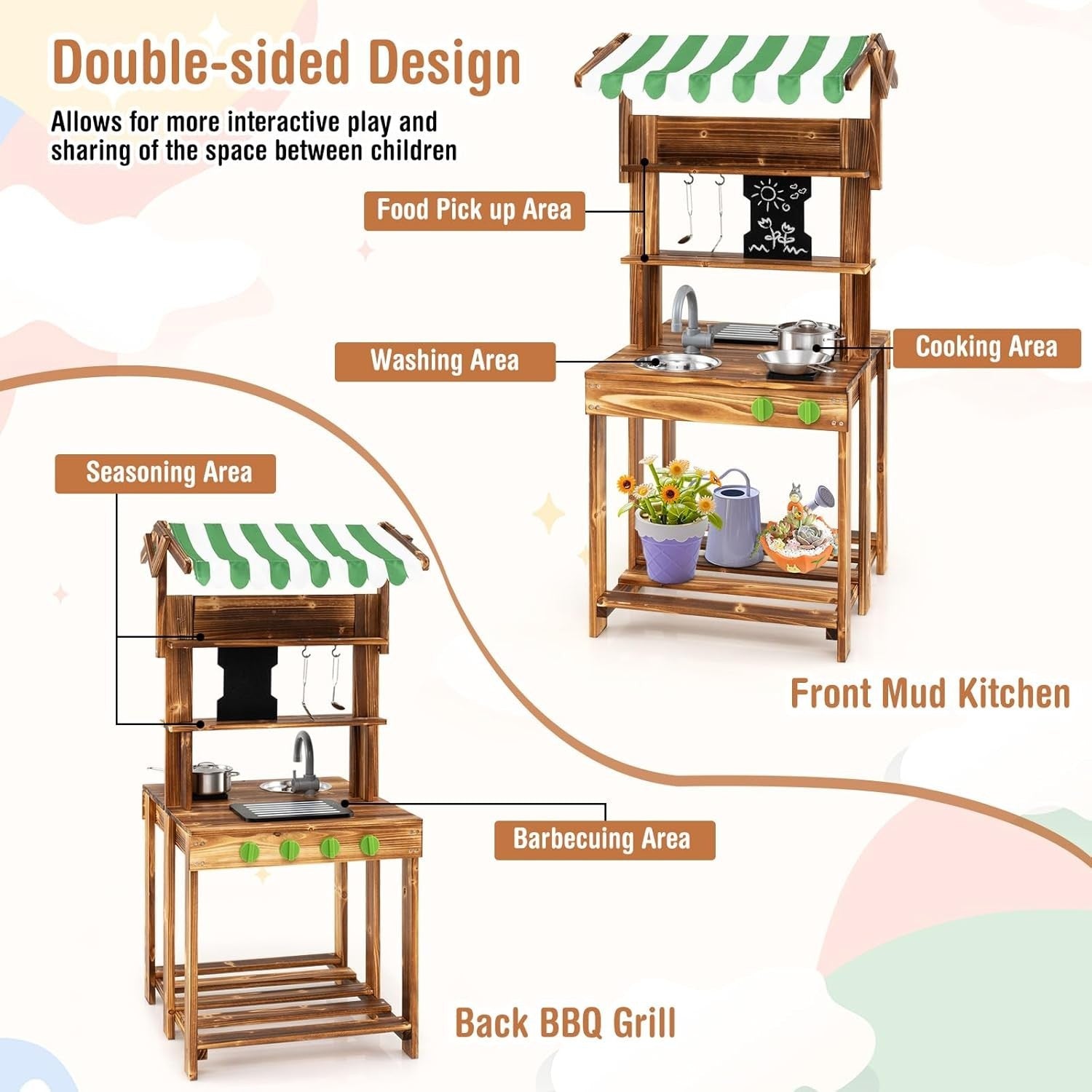 Kids Mud Kitchen BBQ Playset Canopy Chalkboard Wooden Toy