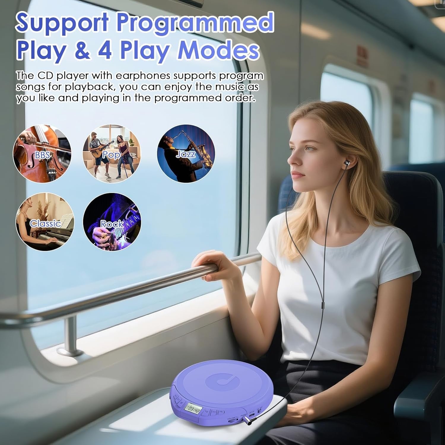 Personal CD Player Portable Anti-Skip LCD Display AUX Car Earphones Blue