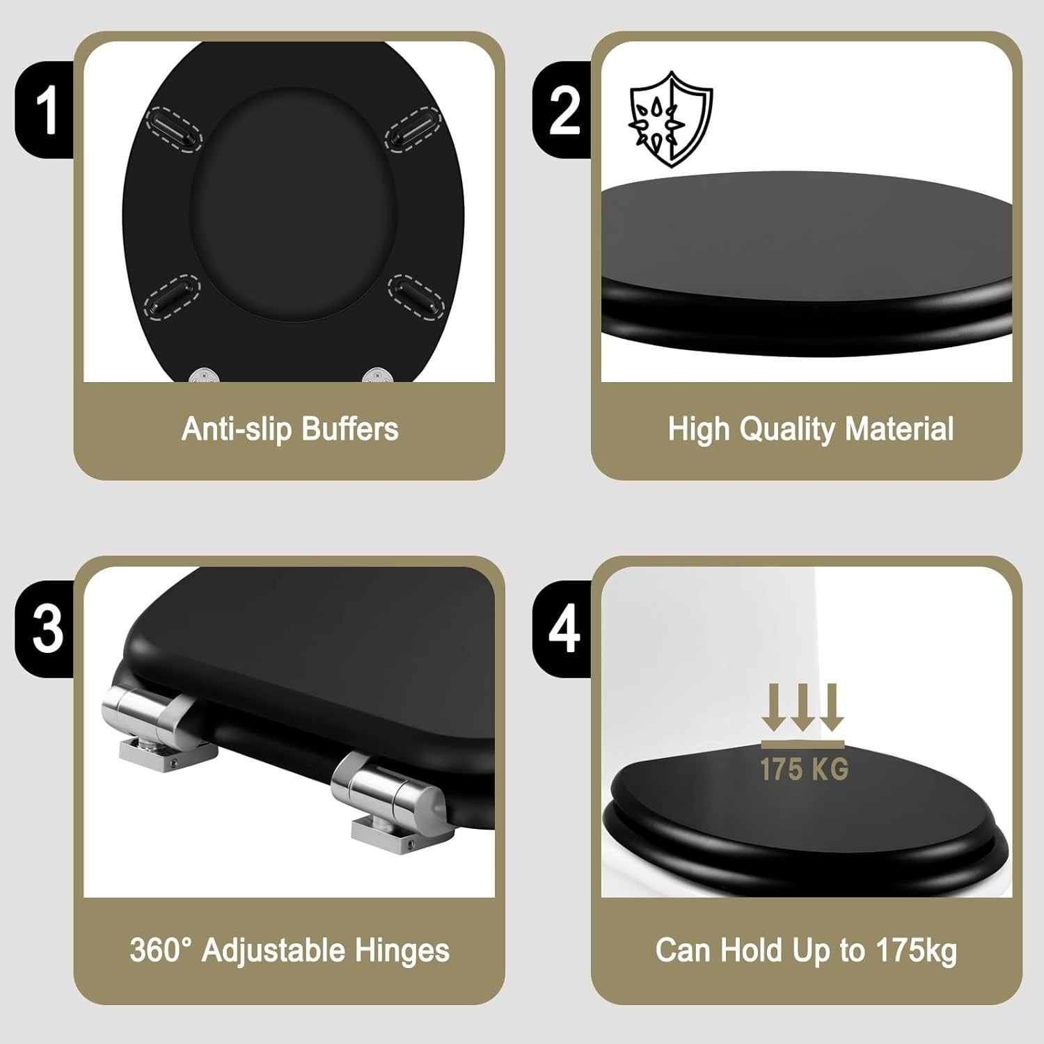 Soft Close O-Shaped Toilet Seat Quick Release MDF Matte Black Heavy Duty