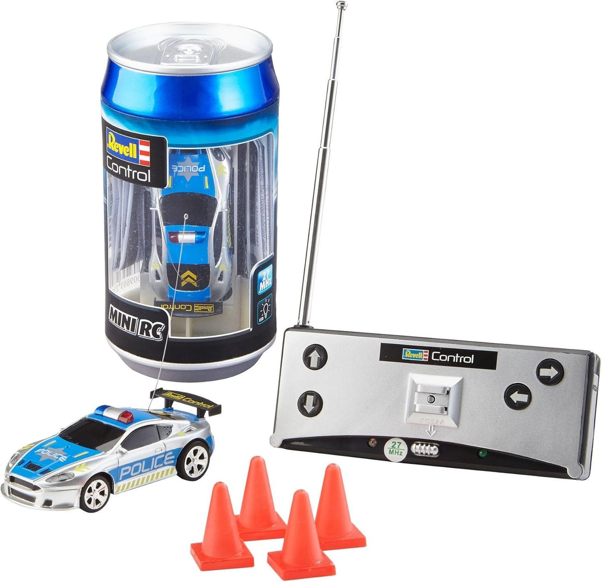 Mini RC Police Car in Can – 27MHz Remote Control Toy with Cones, 8cm Model