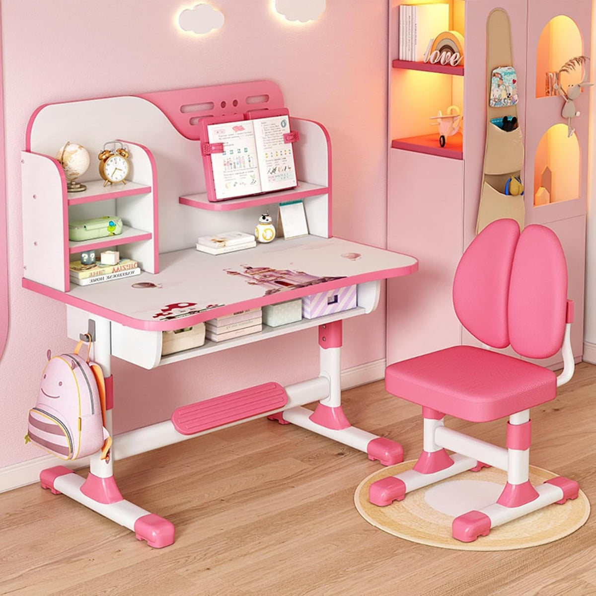 Kids Desk Chair Set Height Adjustable Study Table with Drawer Bookshelf Pink