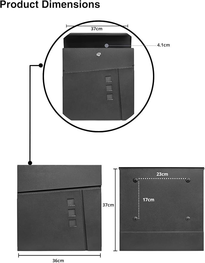 Modern Wall Mounted Post Box Black Stainless Steel Secure Lock Weatherproof 37cm