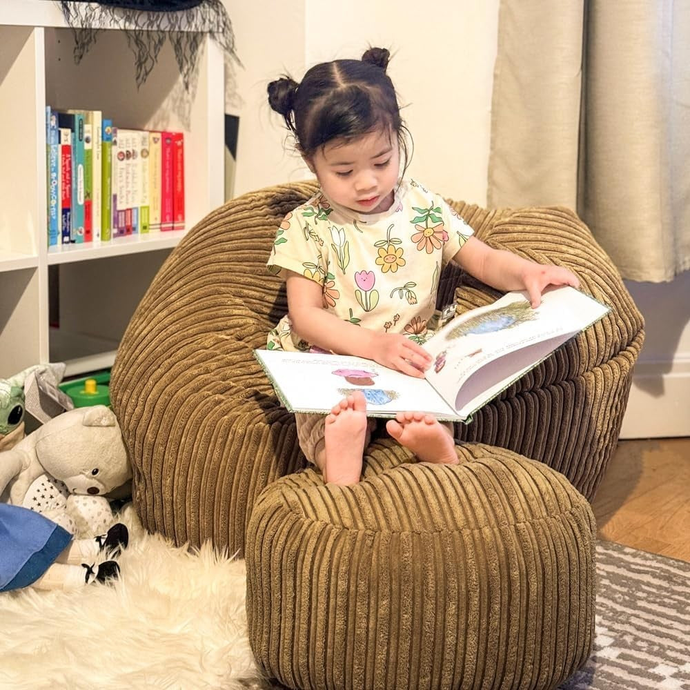 Kids Cord Bean Bag Chair - Soft Mini Slouch Seat, Caramel, Washable, 60x80cm