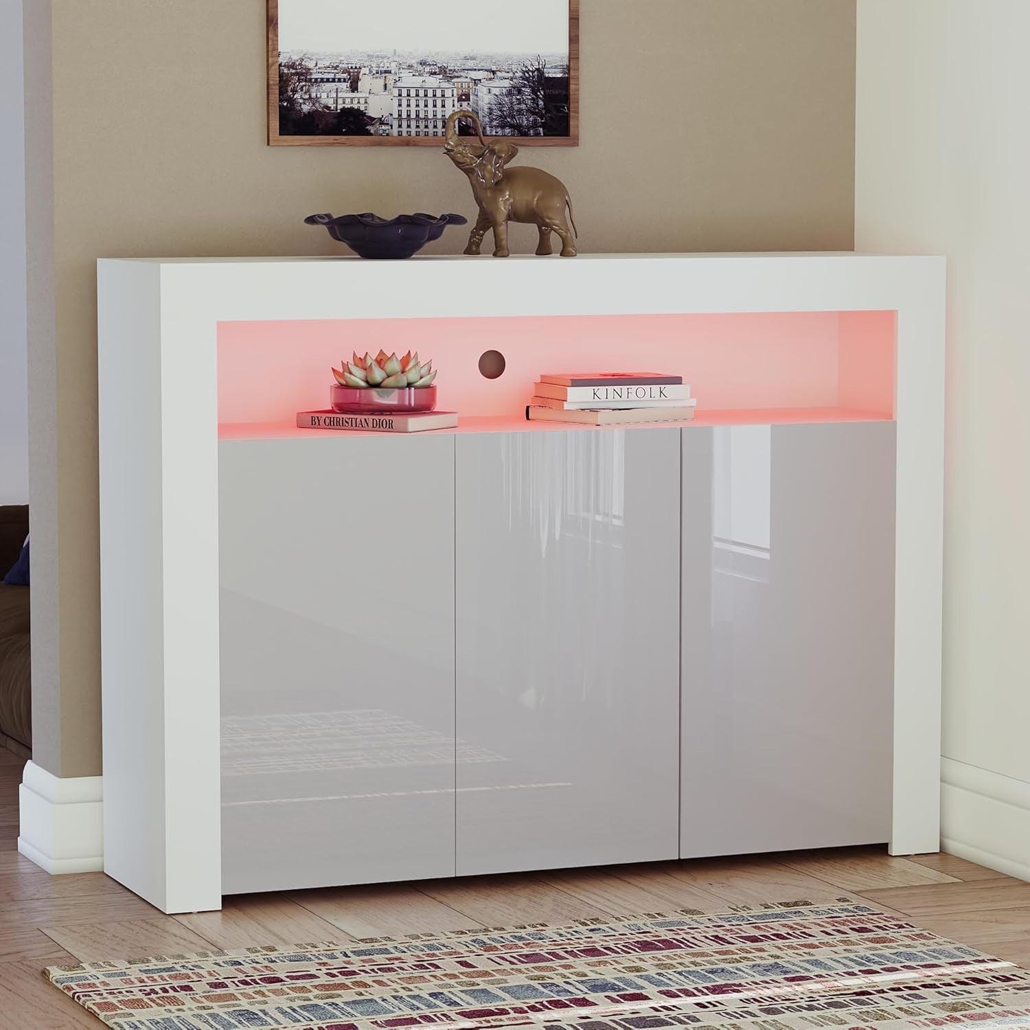 Modern White & Grey LED Sideboard 3 Doors 3 Drawers RGB Lighting Storage Cabinet