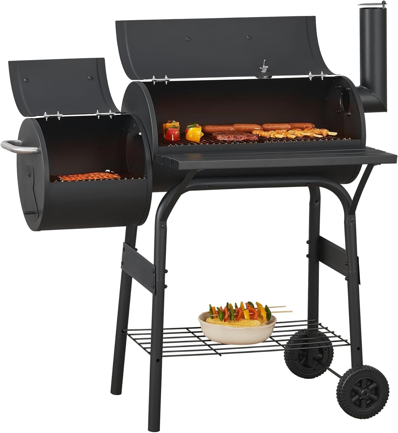 Charcoal BBQ Smoker Grill with Side Firebox & Thermometer Outdoor Trolley 115cm