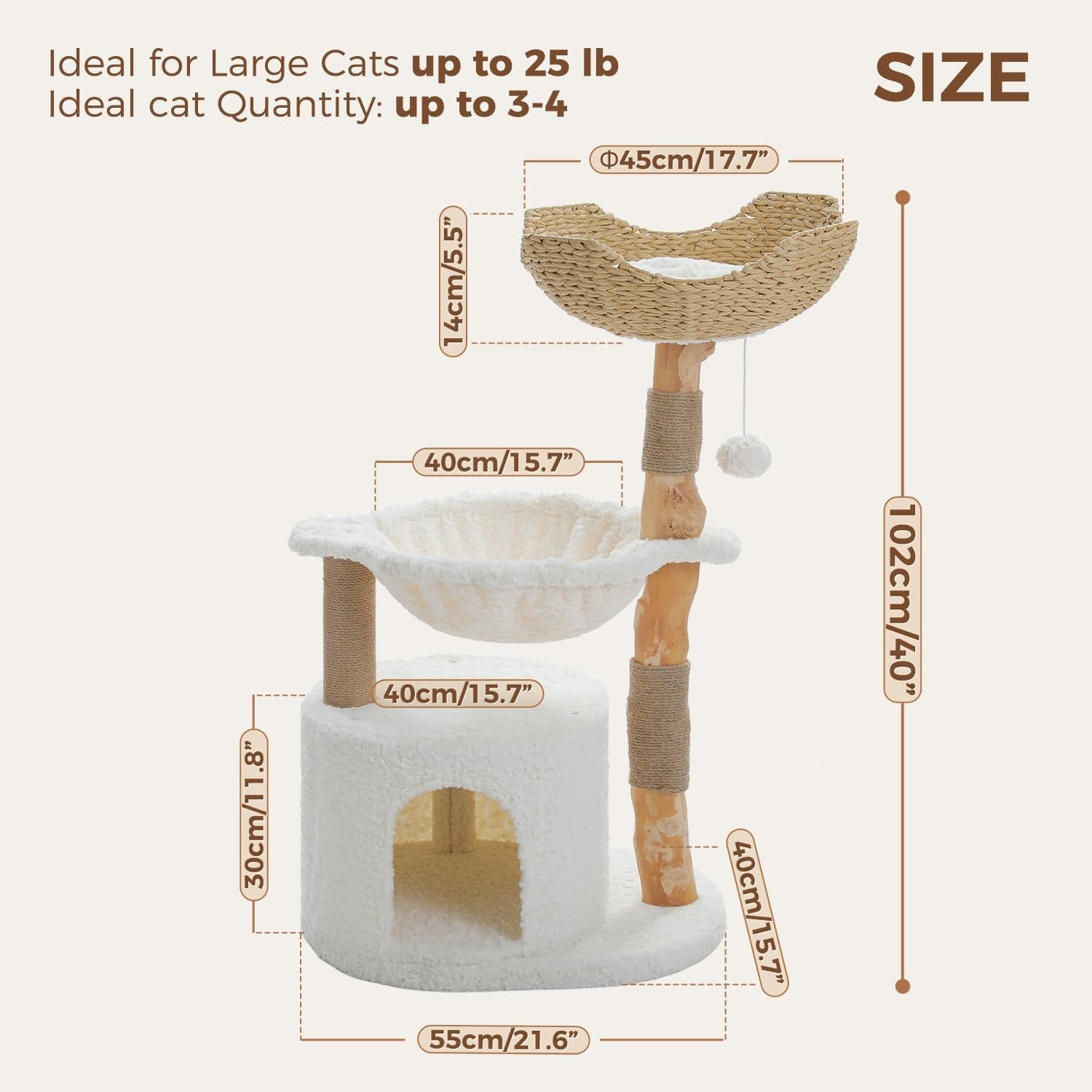 Luxury Wooden Cat Tree 40in Modern Tower with Wicker Basket Hammock Condo