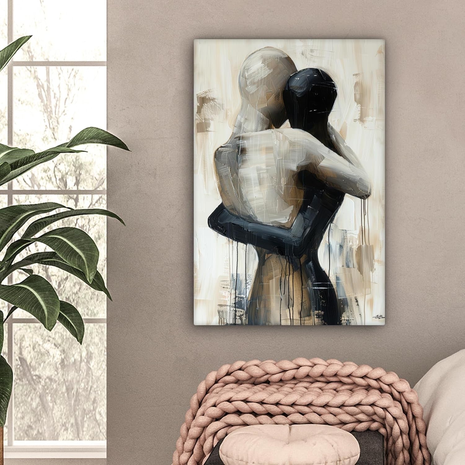 Abstract Couple Canvas Wall Art 40x60cm Beige Modern Framed Print
