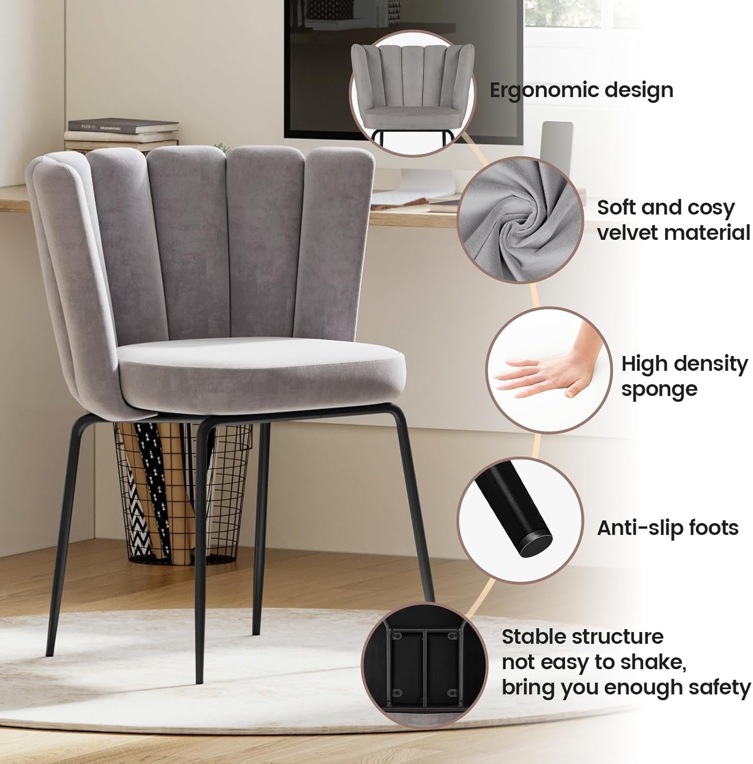 Velvet Vanity Chair Grey Dressing Table Chair Black Metal Legs