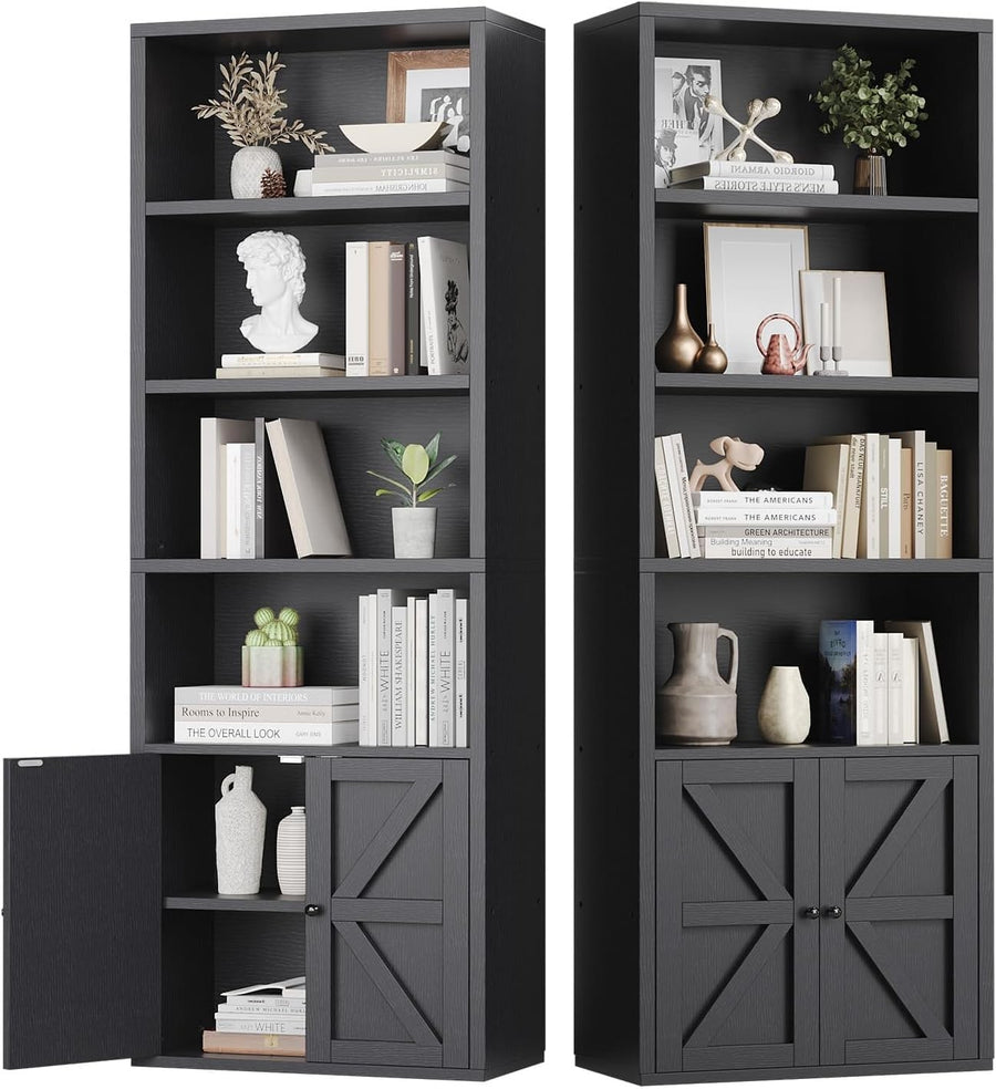 Tall Black 6-Tier Bookcase with Cabinet Doors Modern Storage & Display Unit 181