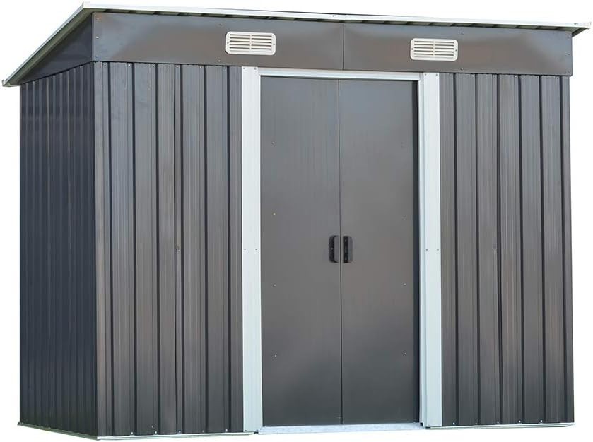8x4FT Metal Garden Shed Apex Roof Tool Storage House Double Sliding Doors