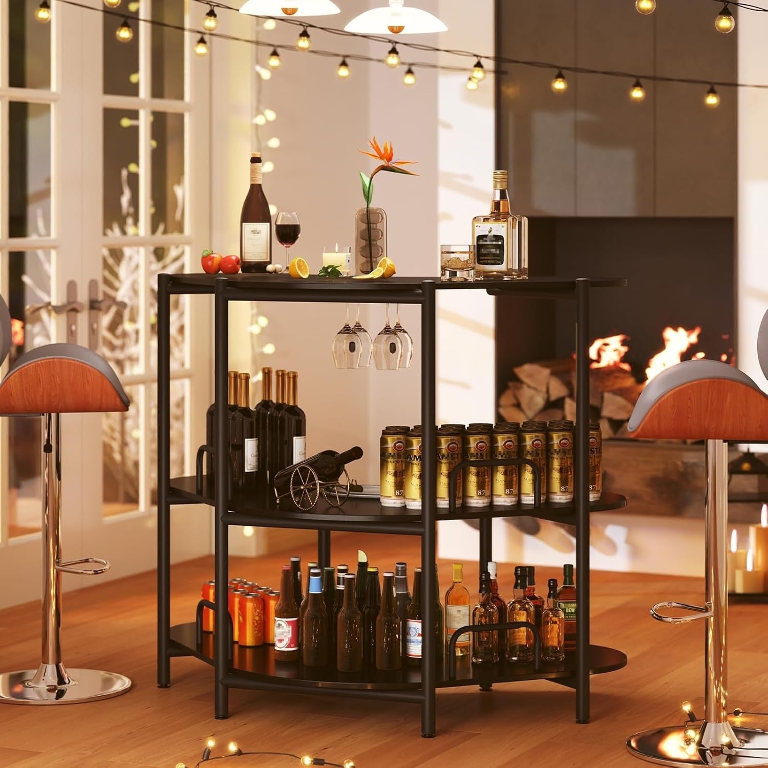 3-Tier Wine Bar Cabinet with Glass Holder, Freestanding Drinks Storage Table