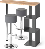 Bar Table Set with 2 Swivel Stools Storage Shelf Gold Oak Anthracite Modern