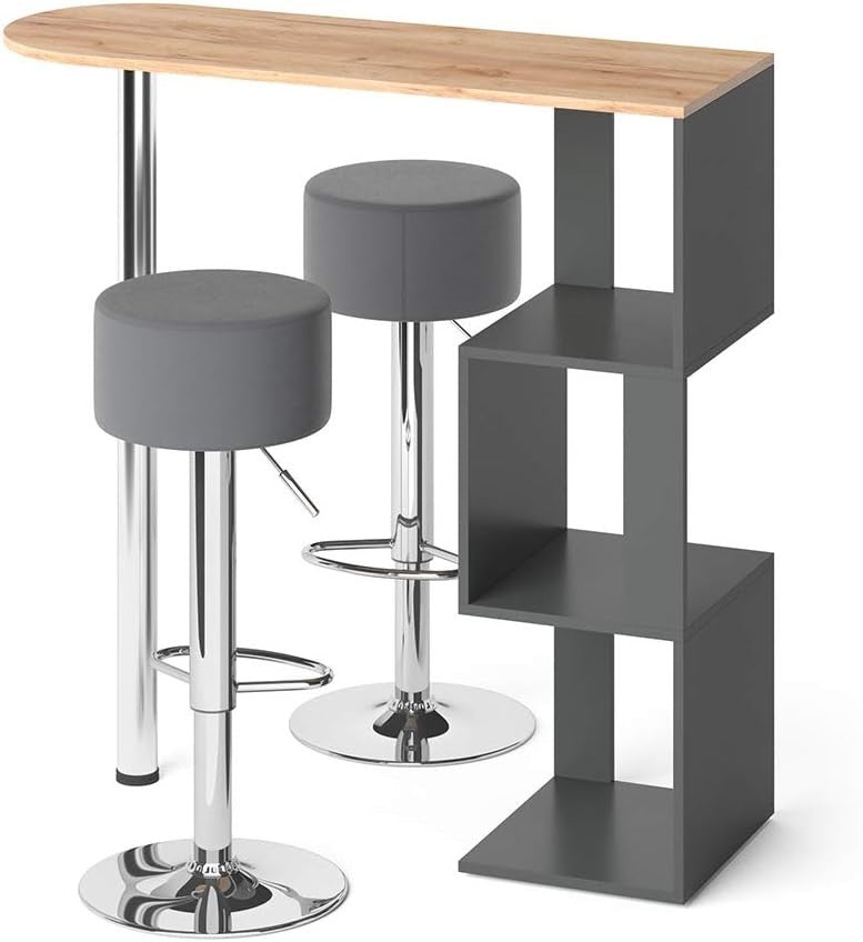 Bar Table Set with 2 Swivel Stools Storage Shelf Gold Oak Anthracite Modern