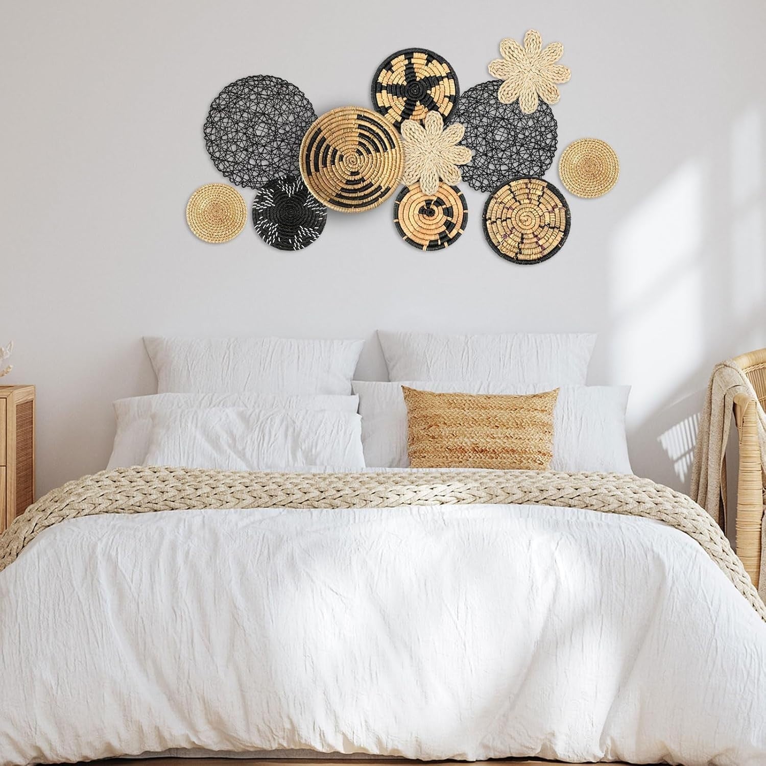 Boho Wall Basket Decor Set 11pcs – Rustic Bulrush Woven Round CLR