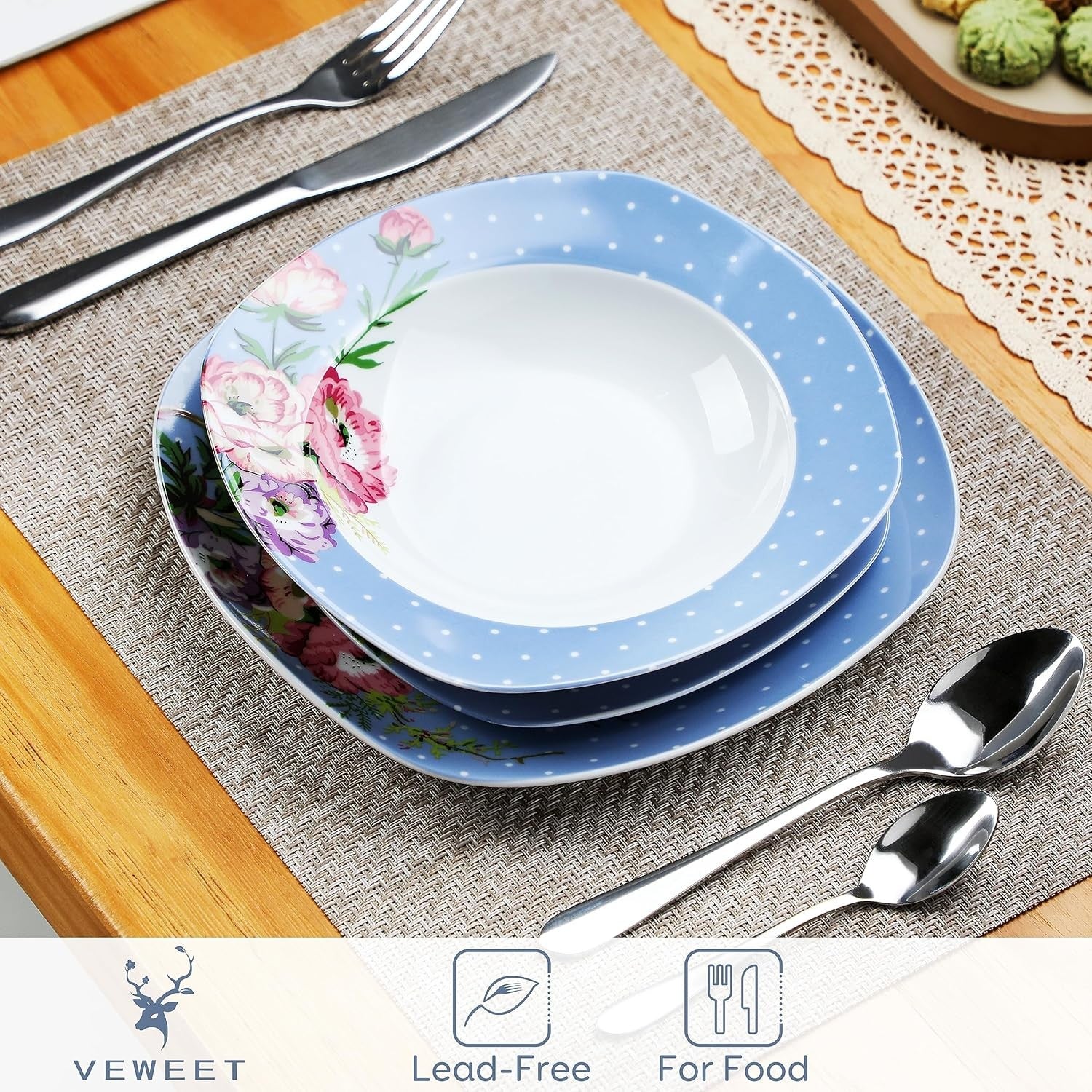 18 Piece Porcelain Dinner Set for 6 Floral Plates Bowls Microwave Safe