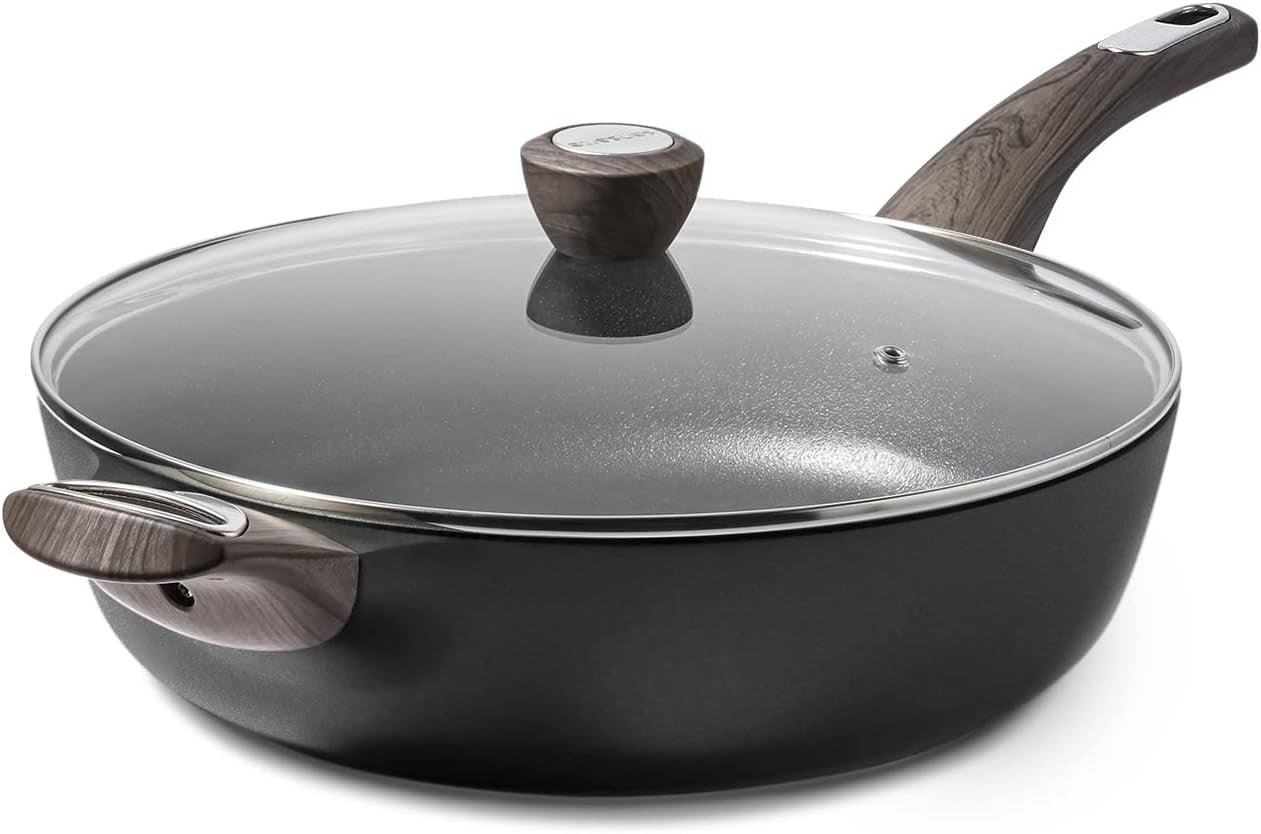 30cm Black Deep Non Stick Saute Pan with Lid, 4.7L Skillet Induction Compatible