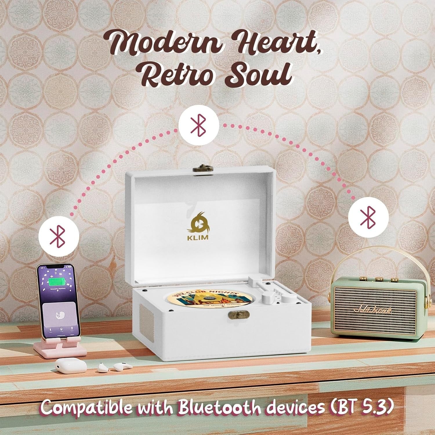 Retro Bluetooth CD Player Rechargeable Speakers USB AUX Mini Record Style