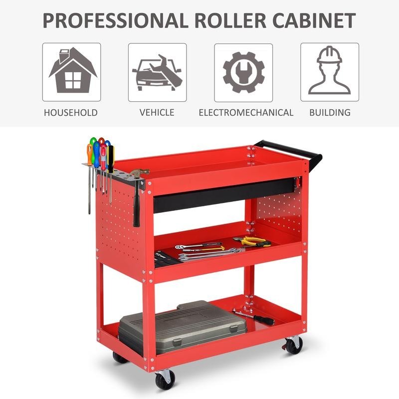 3-Tier Tool Trolley Cart with Drawer | Red Garage Workshop Storage Unit