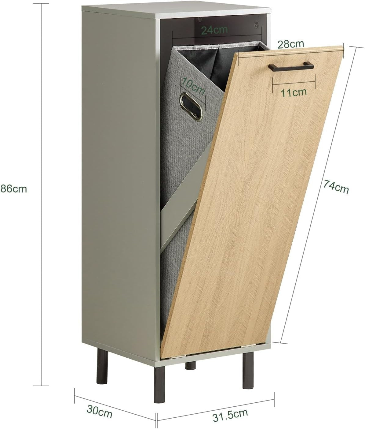 Slim Bathroom Laundry Cabinet with Fold Out Basket Wood Storage Unit Grey