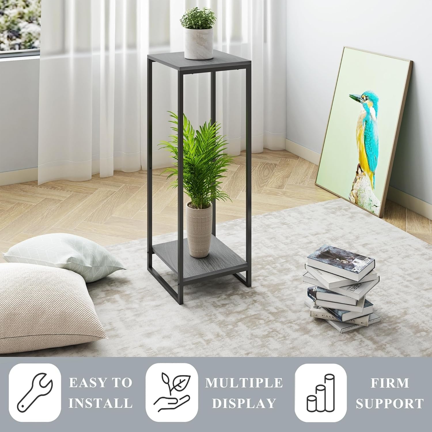 34" Tall 2 Tier Modern Plant Stand Oak Grey Indoor Corner Flower Pot Shelf
