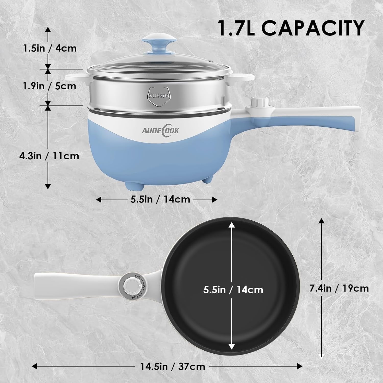Electric Hot Pot Cooker 1.7L Nonstick Multi Cooker Steamer Pan UK